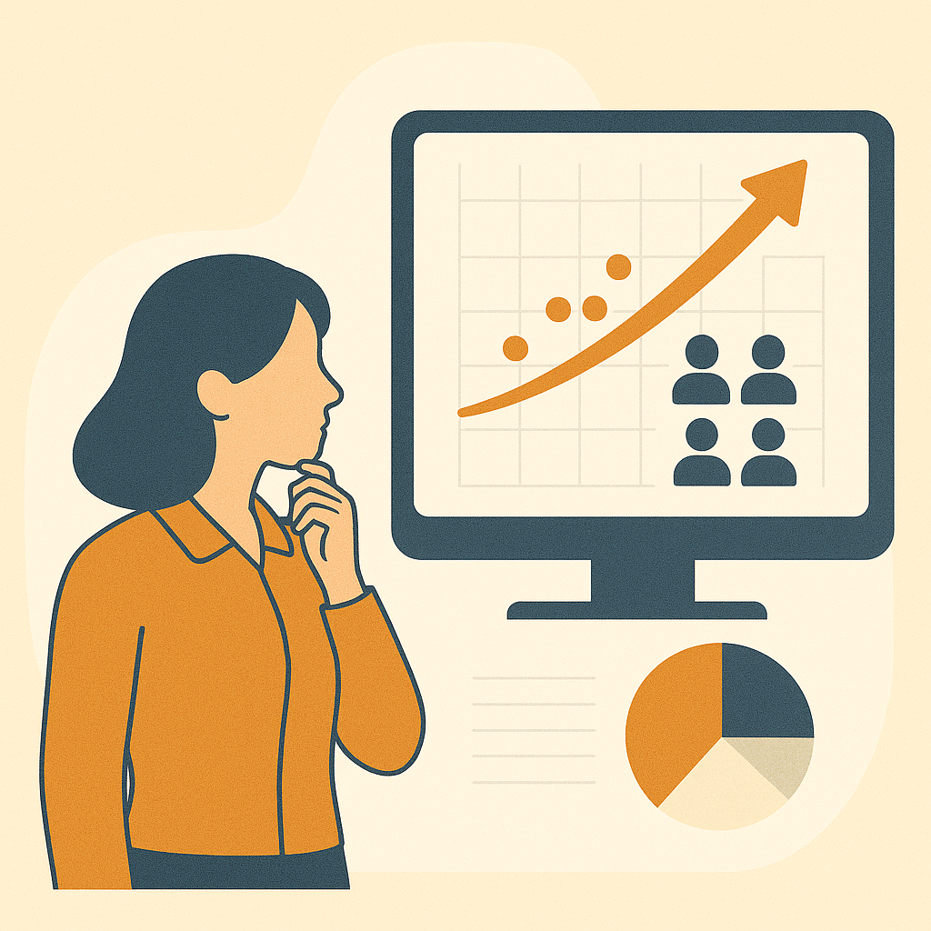 graphic of a person looking at a screen with measurements