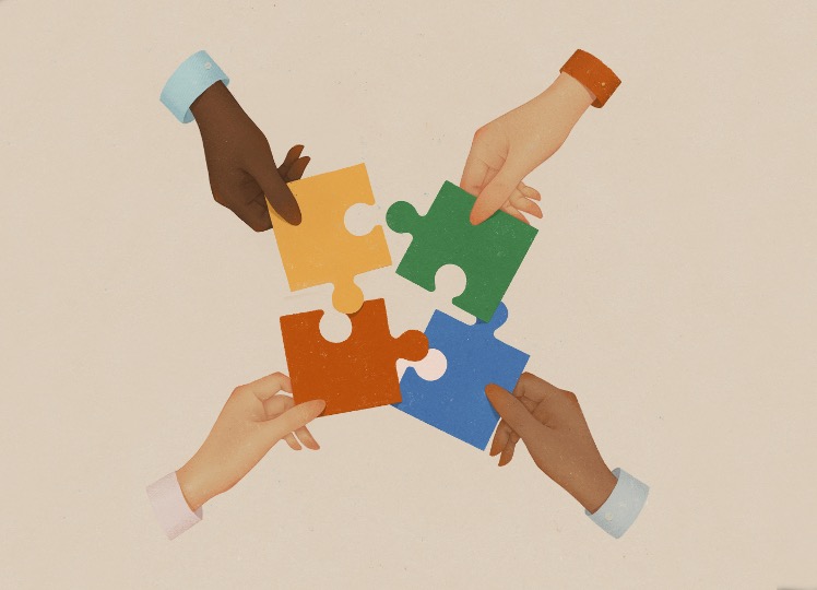 different hands holding puzzle pieces